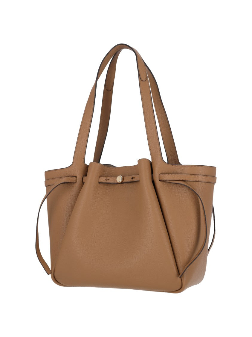 Tory Burch Romy Metal Logo Beige Textured Leather Shoulder Bag
