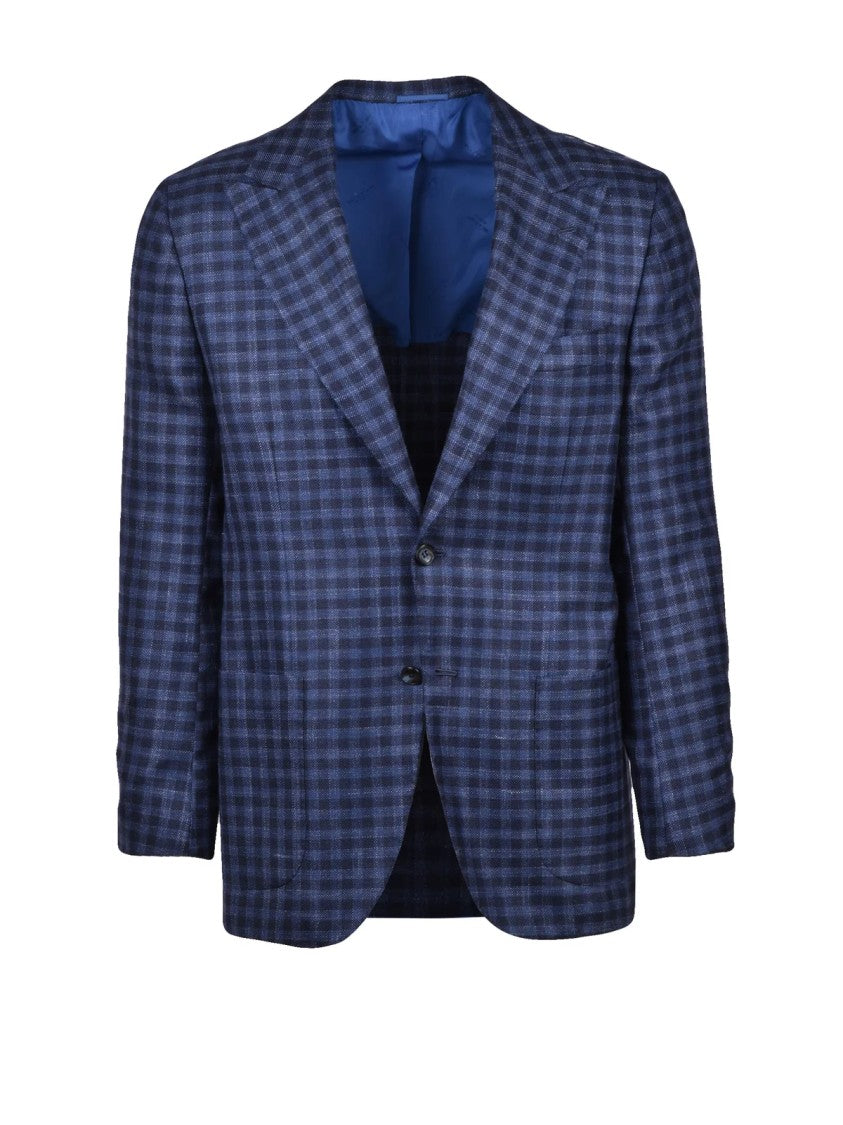 Kiton Blue Checkered Cashmere-Silk-Linen Blazer
