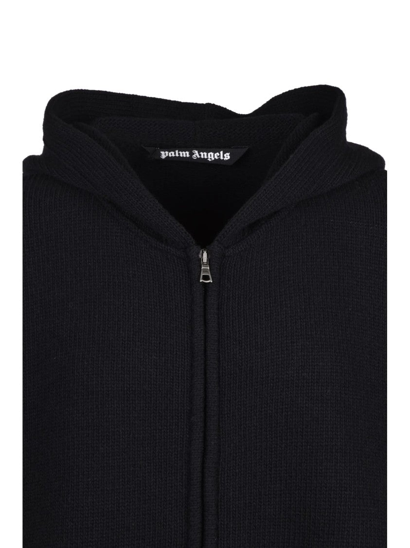 Palm Angels Black Knit Sweatshirt With Full Zipper And Hood