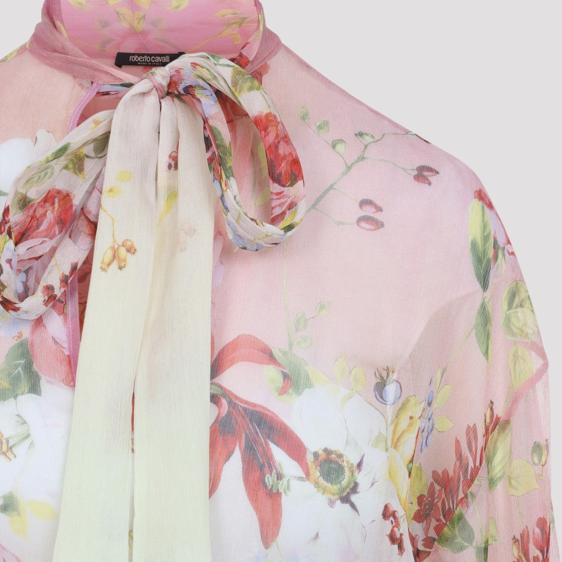 Roberto Cavalli Gradient Floral Print Silk Blouse With Bow Tie Neckline