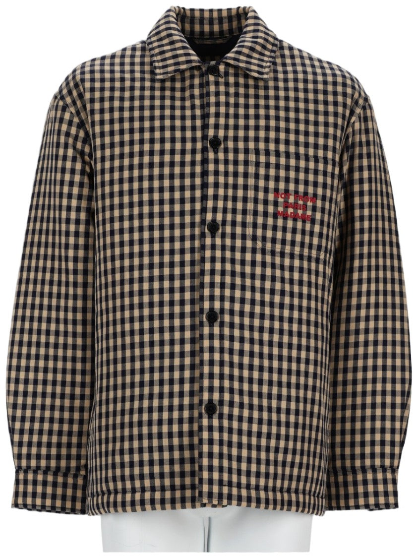 Drôle De Monsieur Slogan Checkered Graphic Cotton Overshirt