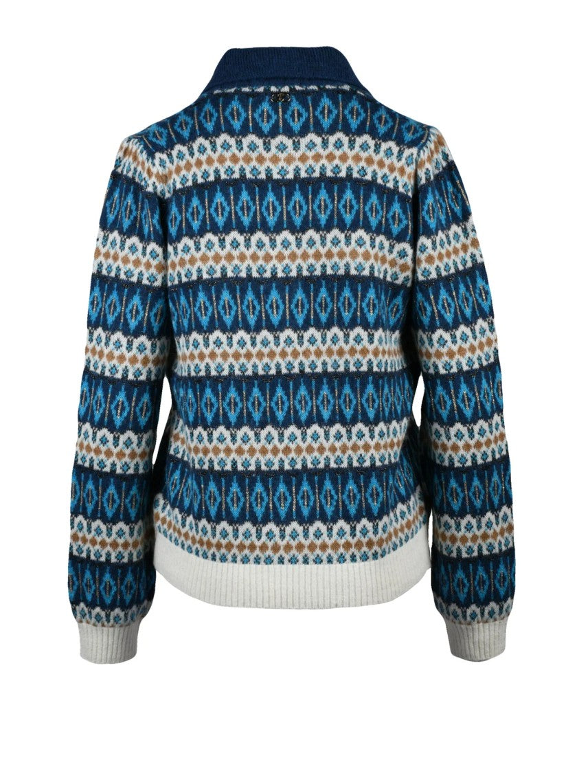 Liu Jo Patterned Knit Polo In Light Blue Alpaca Blend