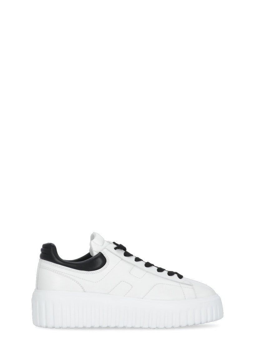 Hogan White Iconic H Accent Round Toe Leather Sneakers