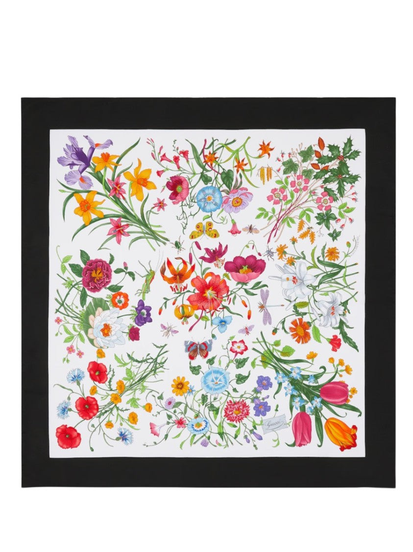 Gucci Floral Print Black Border Silk Scarf