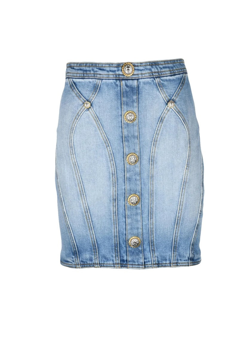Balmain Light Blue Stretch Denim Mini Skirt With Ornate Button Detailing