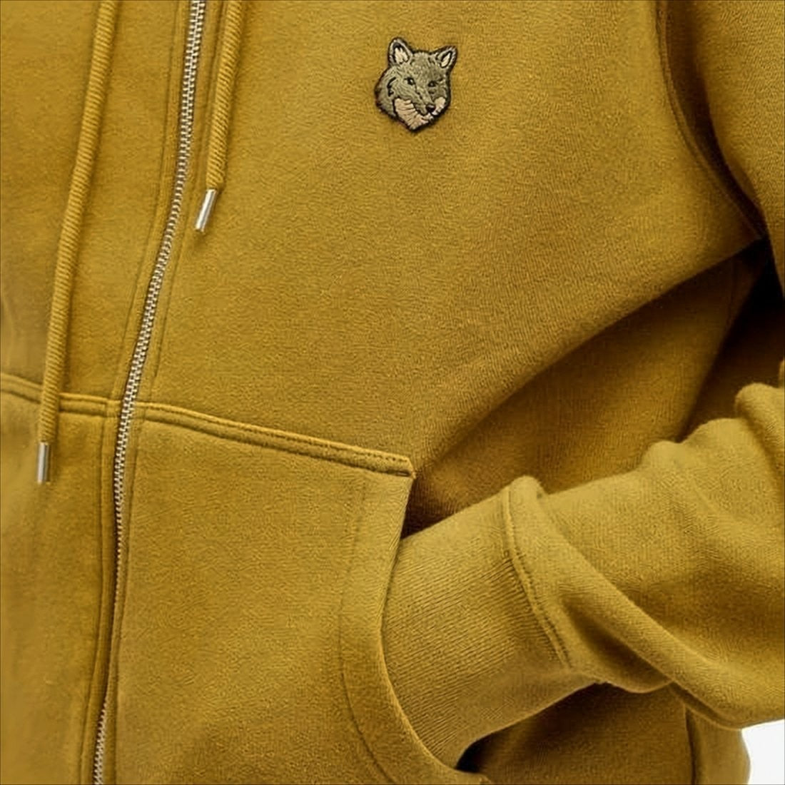 Maison Kitsuné Solid Mustard Yellow Zip-Up Hoodie With Emblematic Fox Logo