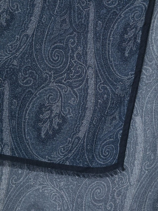 Etro Paisley-Patterned Blue Scarf With Fringed Edges