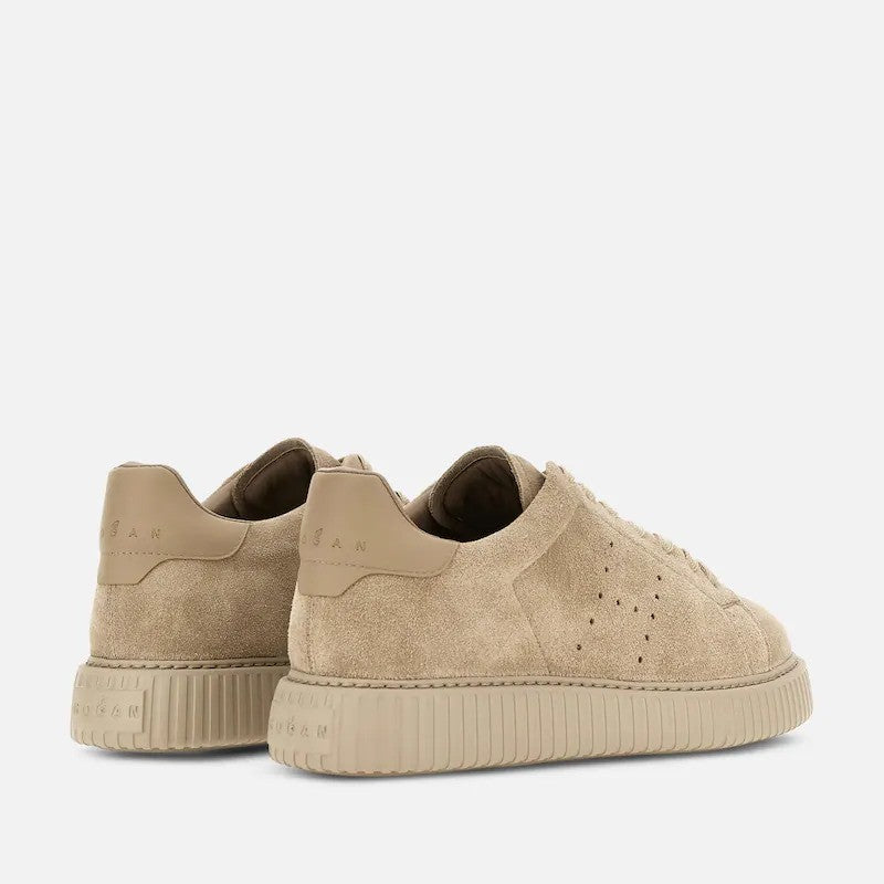 Hogan Beige Monochromatic Ribbed Sole Suede Low-Top Sneakers