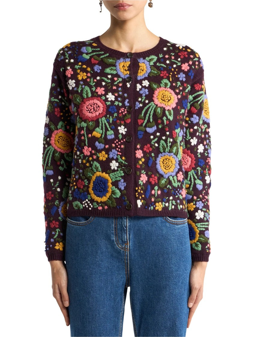 Etro Cropped Burgundy Floral Embroidered Cardigan