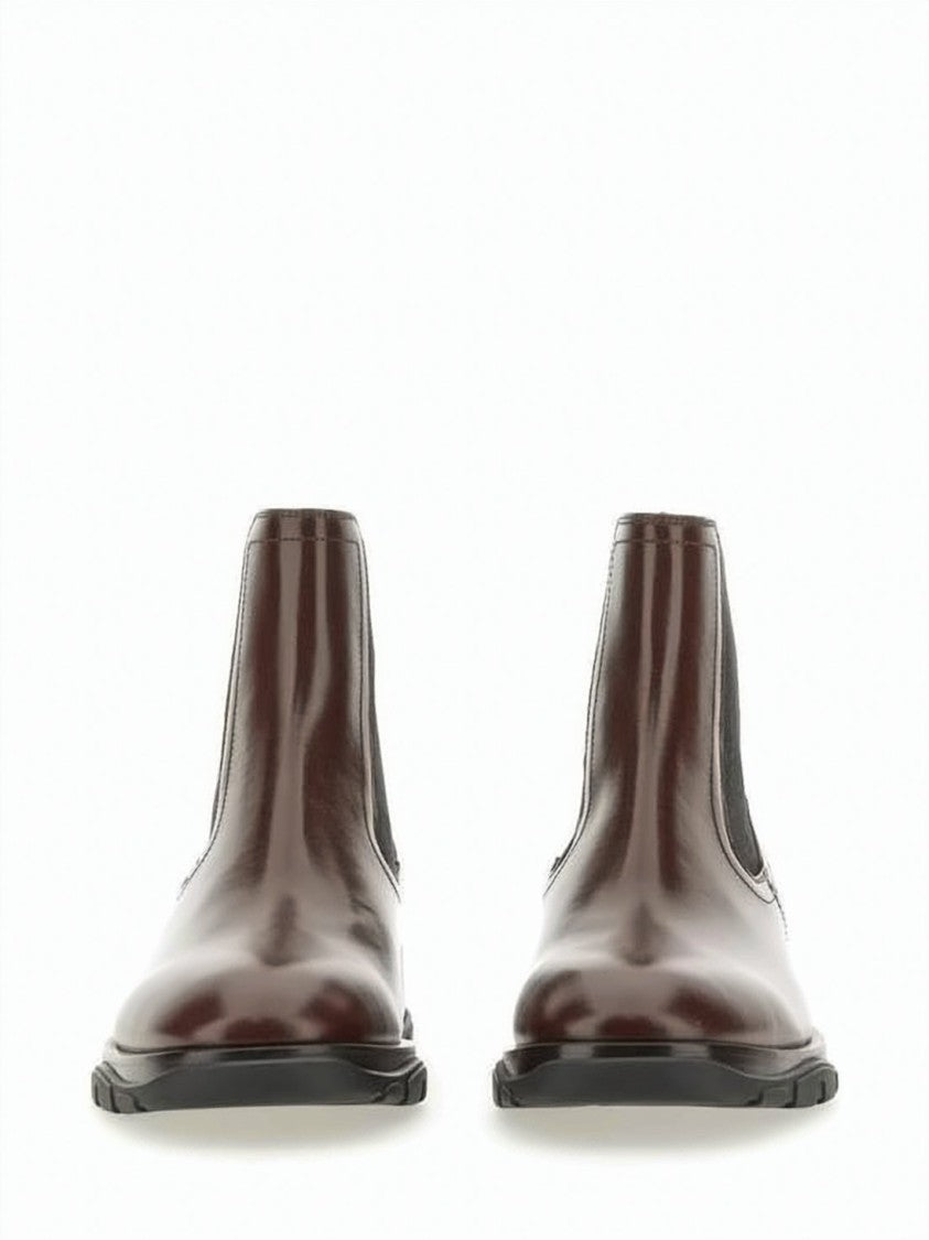 Alexander Mcqueen Deep Brown Leather Boots With Elastic Side Panels