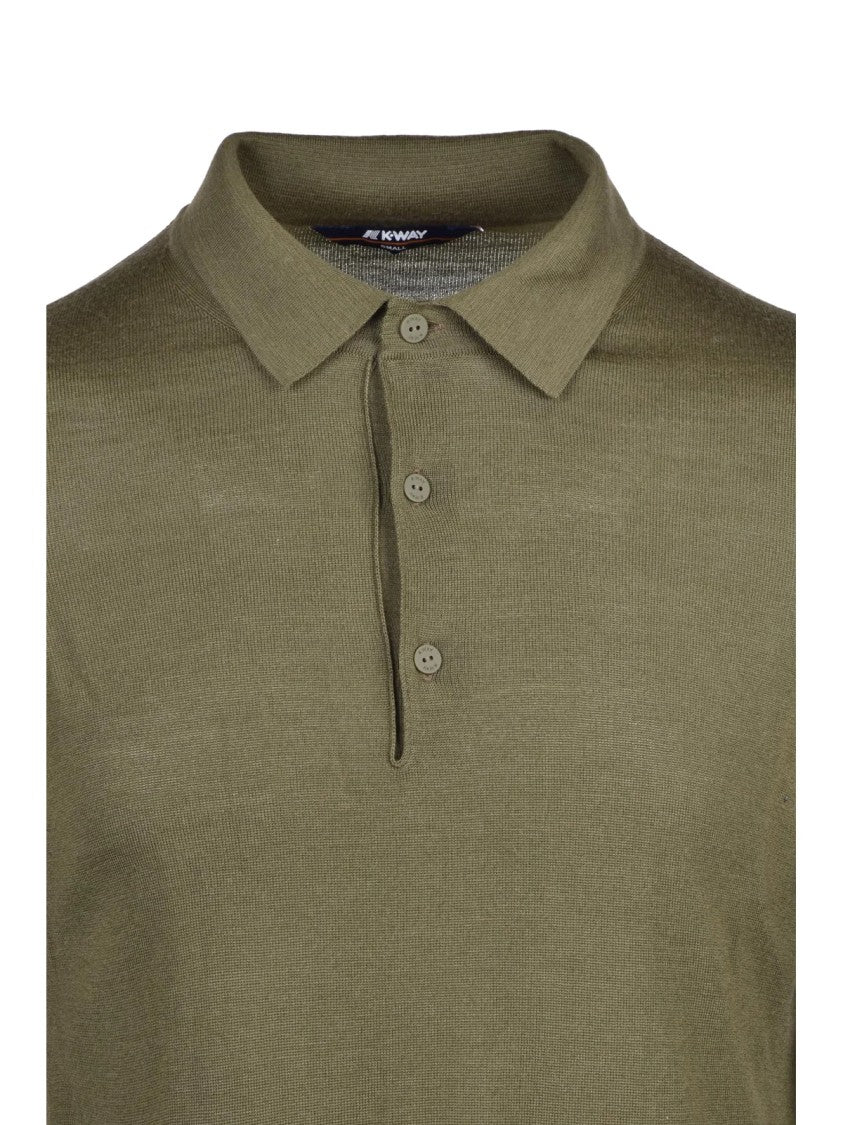 K-Way Military Green Long Sleeve Virgin Wool-Blend Polo Shirt