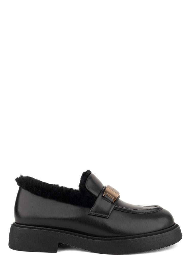 Adrianna Feretti Black Rounded Toe Chunky Sole Metallic Buckle Leather Loafers