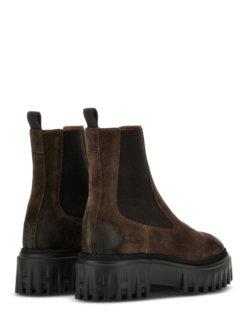 Hogan Brown Leather Ankle Boots With Black Sole