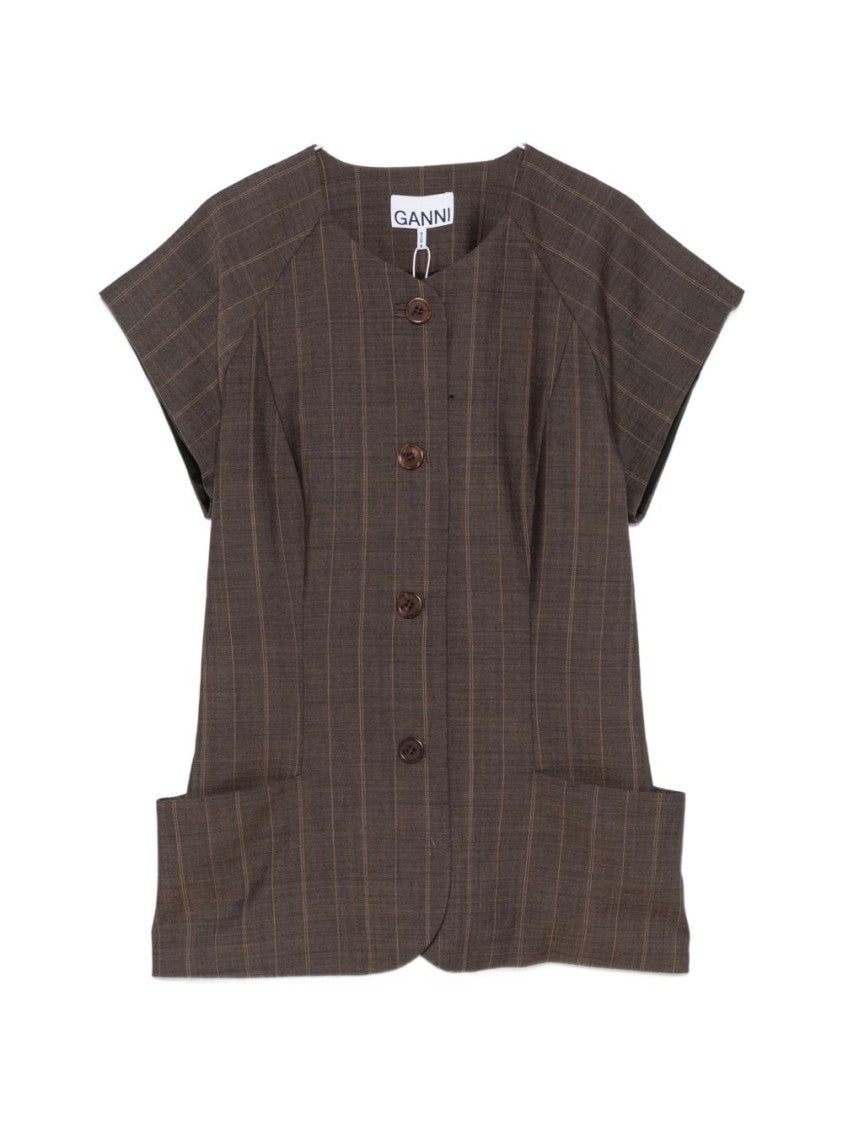 Ganni Brown Wool Embroidered Logo Blouse