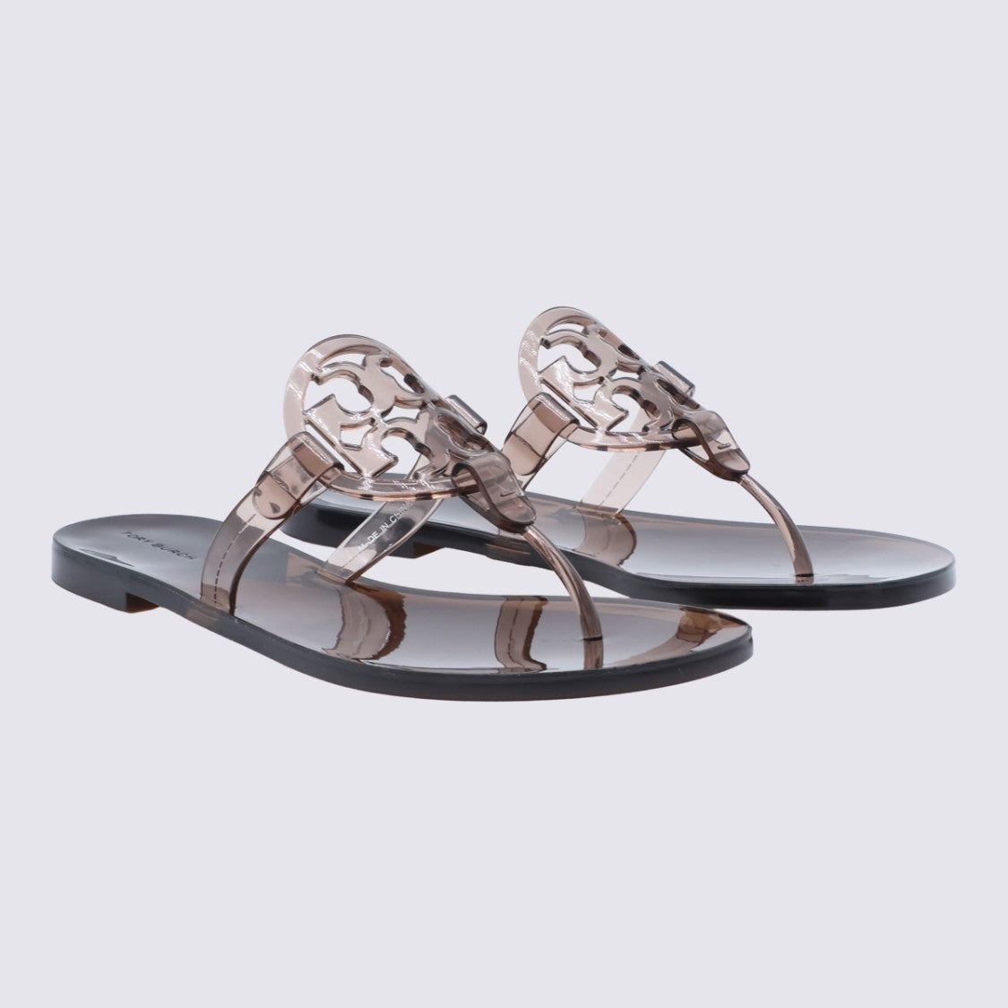 Tory Burch Transparent Brown Flat Sandals With Logo Cut-Out Detail