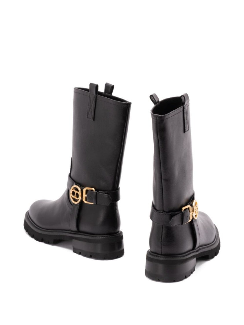 Twin-Set Mid-Calf Black Leather Boots With Buckle Fastening