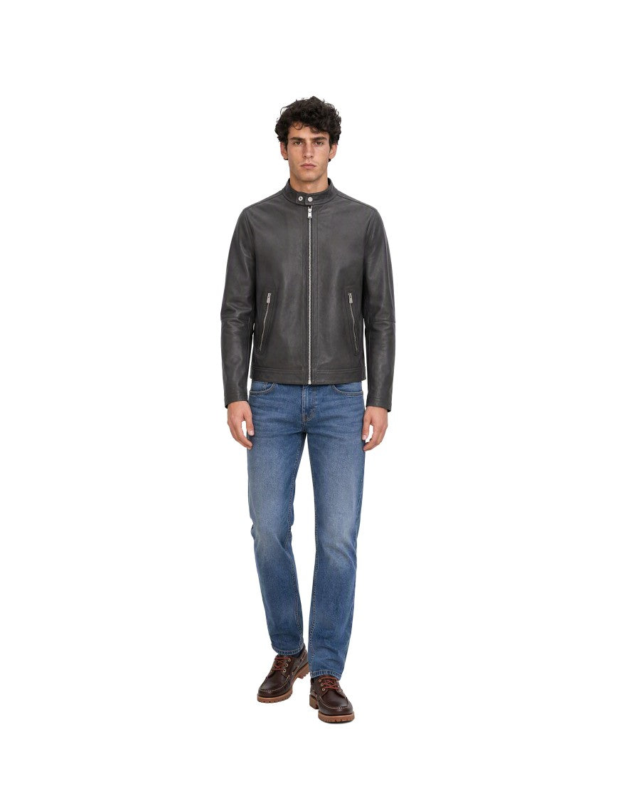 Boss Leather Effect Jacket With Zip Closure And Shirt Collar