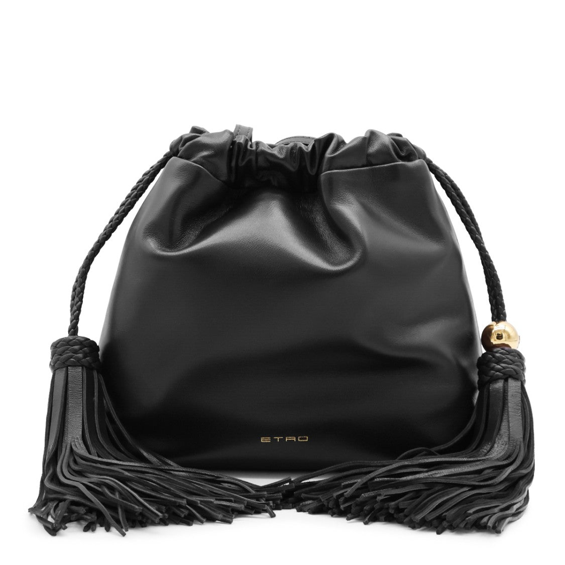 Etro Soft Black Drawstring Bag With Fringed Tassels