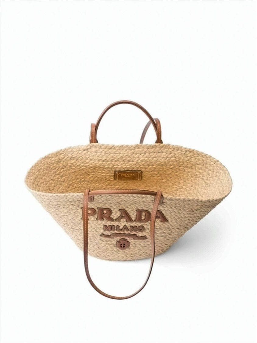 Prada Trapezoidal Raffia Shoulder Bag With Embossed Logo Detail