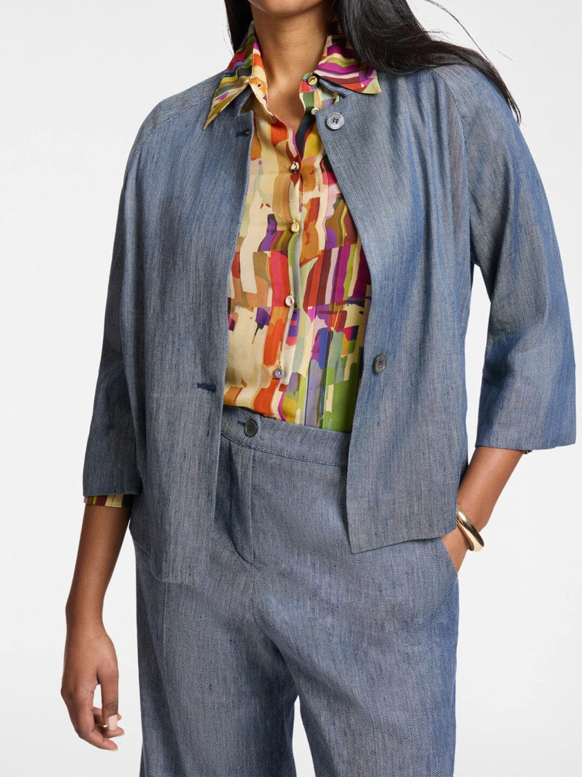 Elena Miro` Cropped Muted Blue Textured Woven Jacket