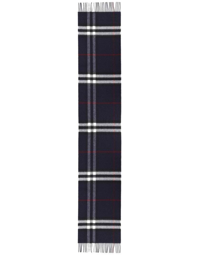 Burberry Navy Check Fringed Cashmere Scarf