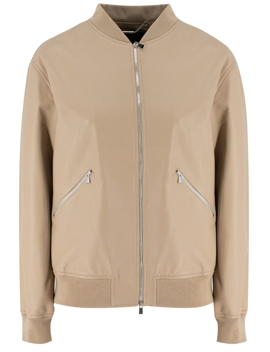 Kiton Modern Leather Bomber Jacket With Ribbed Details