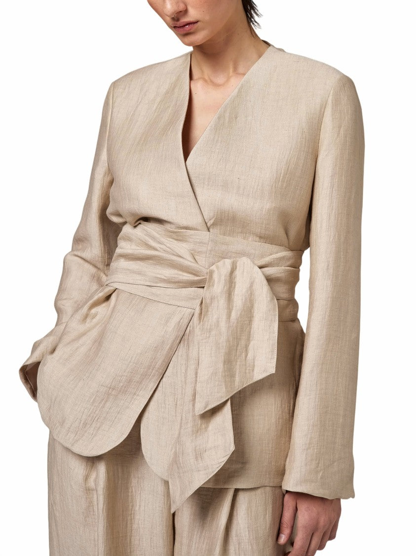 Alpha Studio Linen V-Neck Belted Single-Breasted Blazer