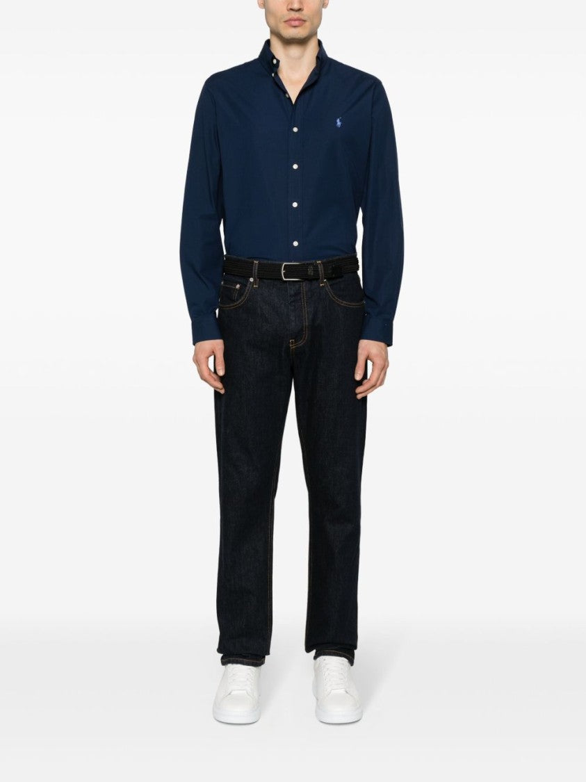 Polo Ralph Lauren Navy Blue Stretch-Cotton Button-Down Shirt With Signature Motif