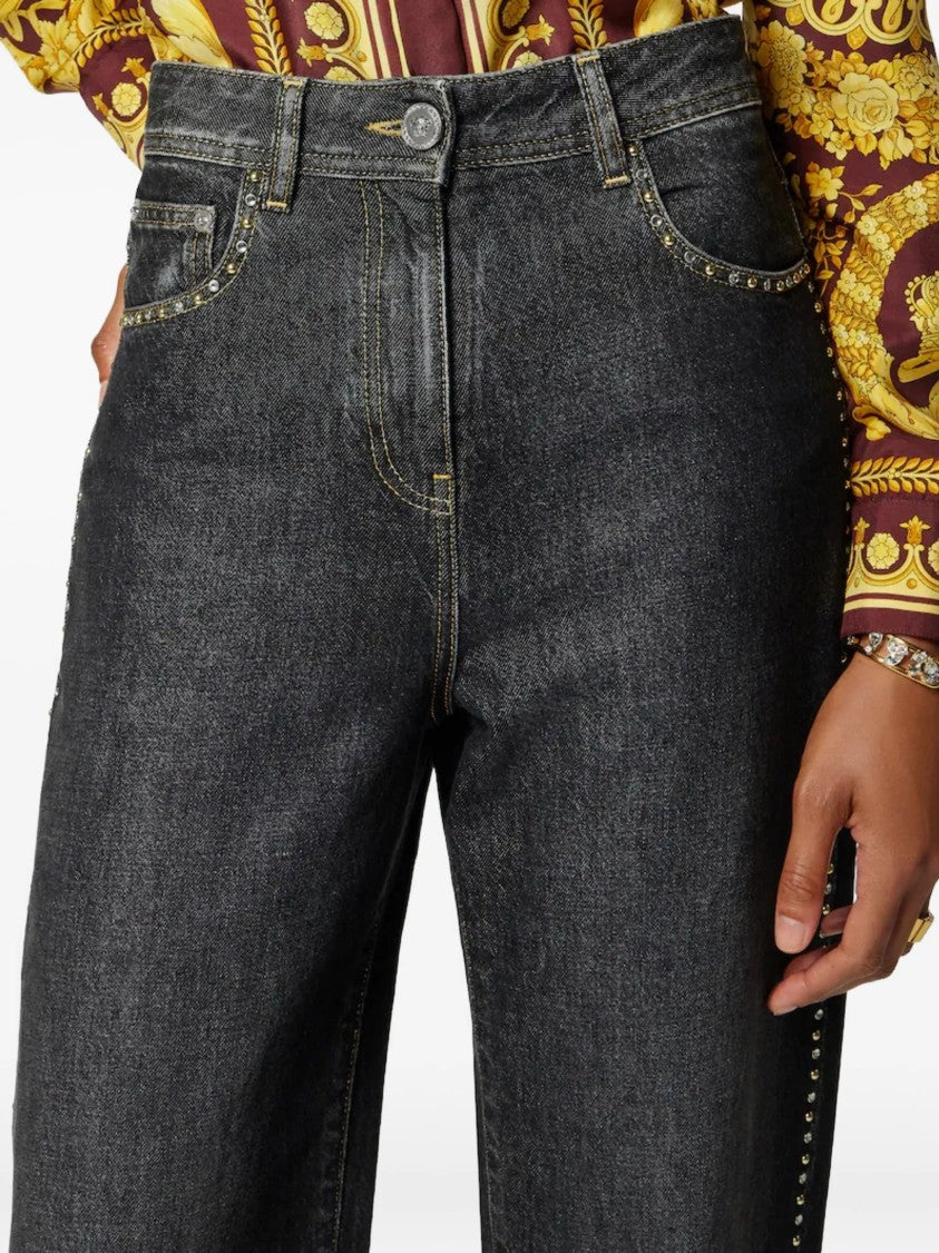 Versace Dark Washed Wide-Leg Studded Denim Jeans