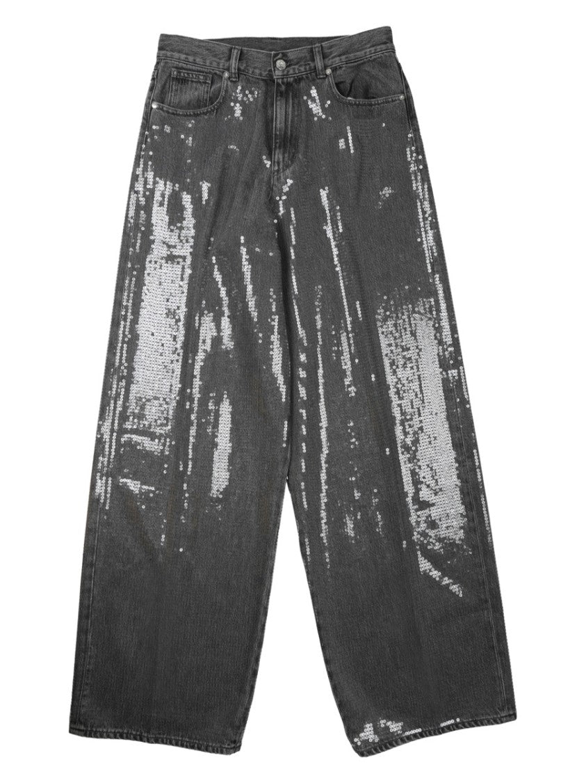 Nine In The Morning Black Sequin Embellished Cotton Wide-Leg Pants