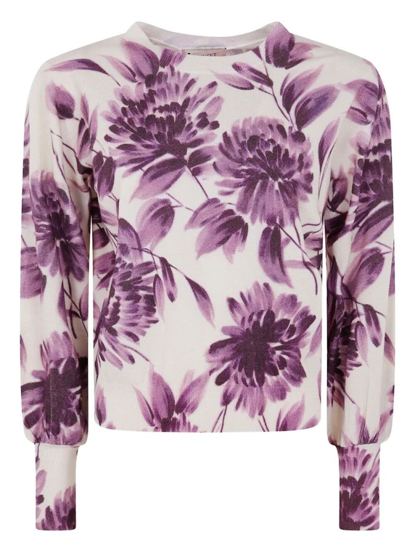 Twin-Set Floral Pattern Viscose Sweater With Gathered Cuffs