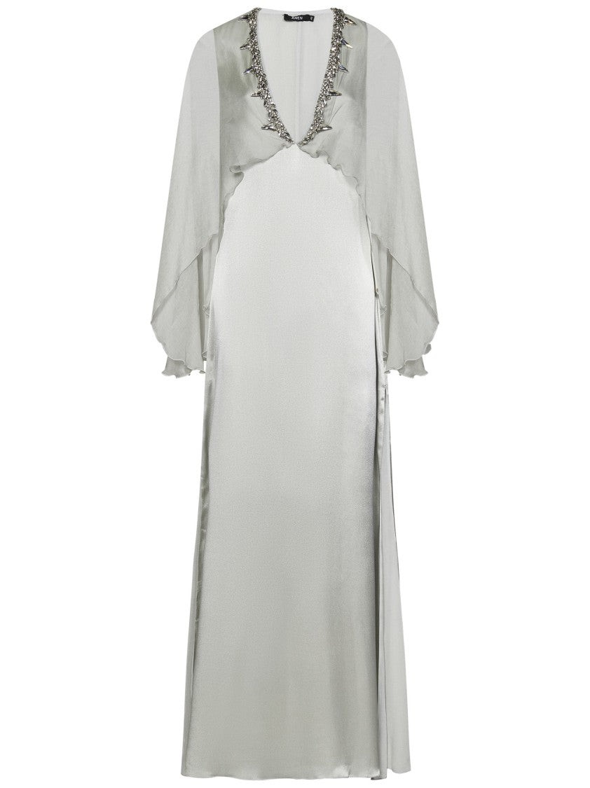 Amen Long Grey Silk Blend Satin Dress