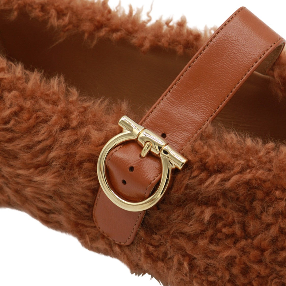 Ferragamo Curly-Textured Brown Flats With Gold Buckle Detail