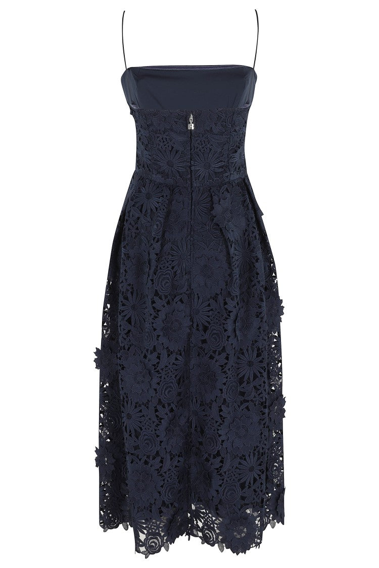 Rotate Navy Blue 3D Lace Flared Floral Polyester Midi Dress