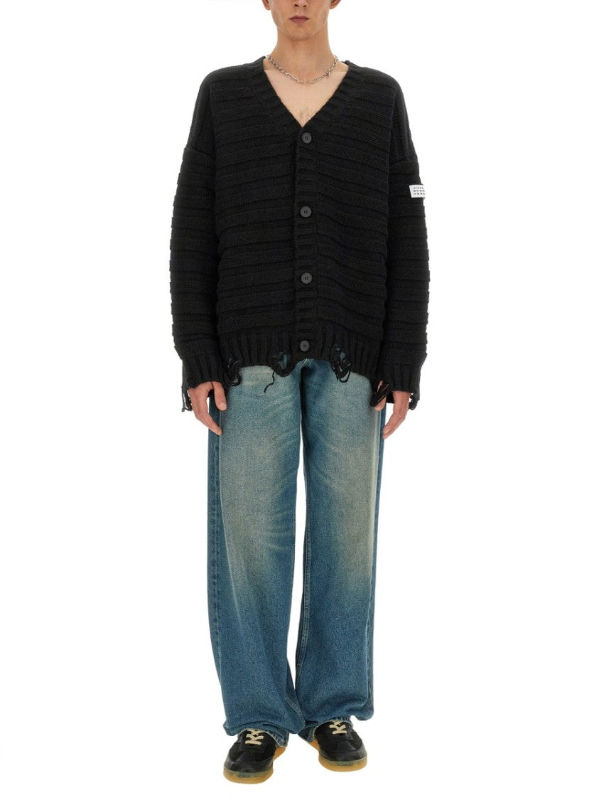 Mm6 By Maison Margiela Ribbed Knit Cardigan With V-Neckline And Distressed Details