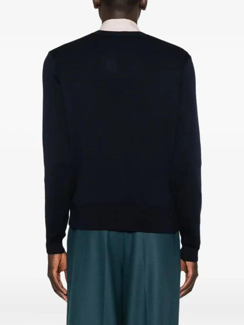 Ami Paris Navy Blue Crew Neck Sweater With Heart Embroidery