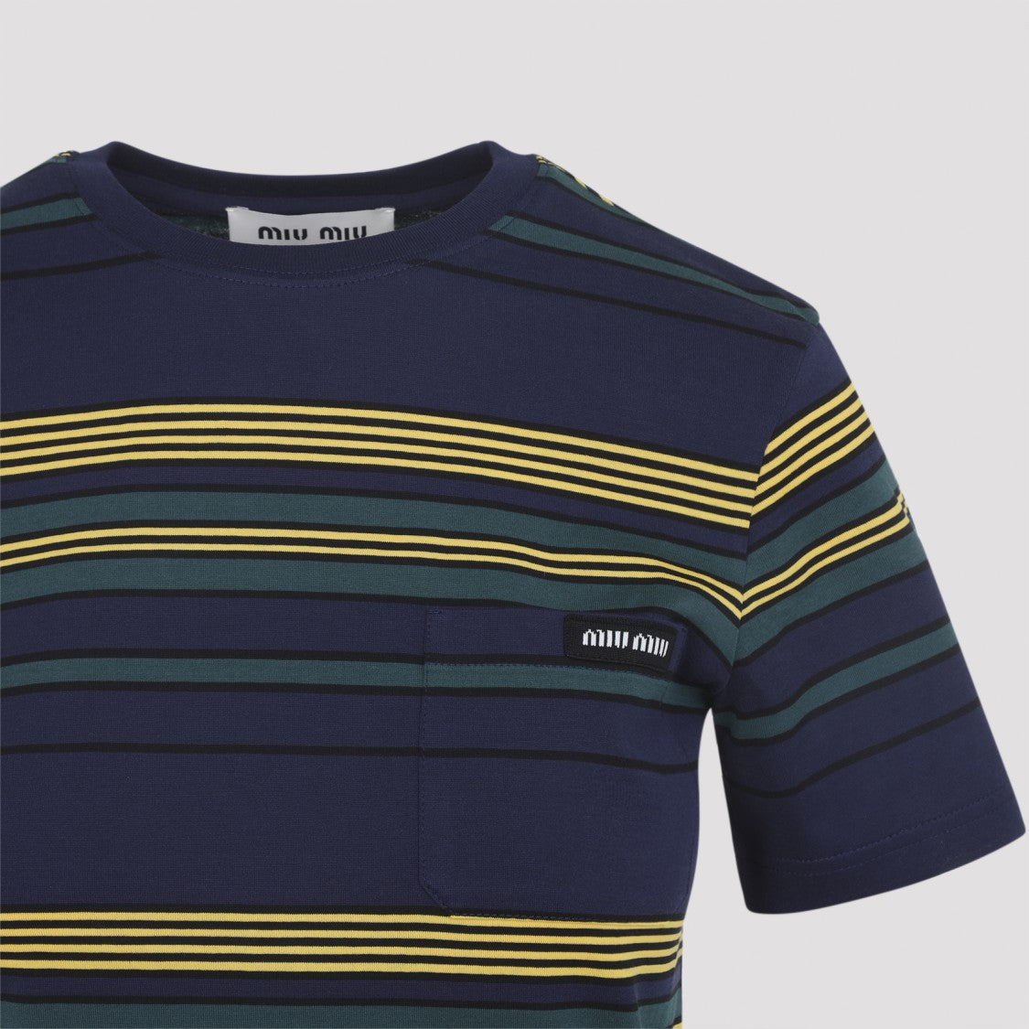 Miu Miu Horizontal Striped Cotton T-Shirt With Subtle Logo Detail