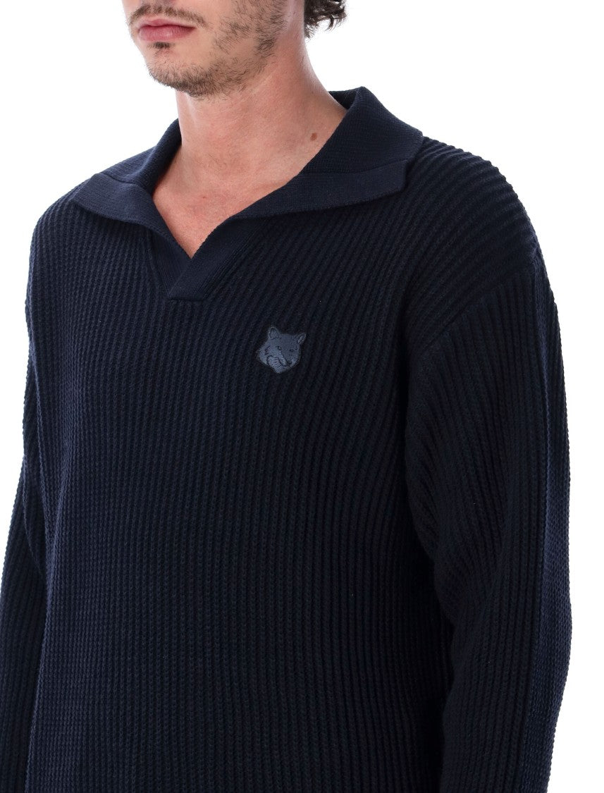 Maison Kitsuné Fox Head Ribbed Cotton Long-Sleeve Polo Shirt