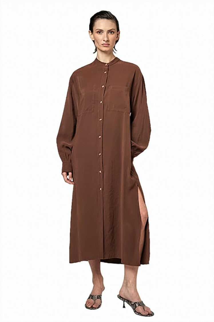 Alpha Studio Mandarin Collar Button-Down Midi Shirt Dress