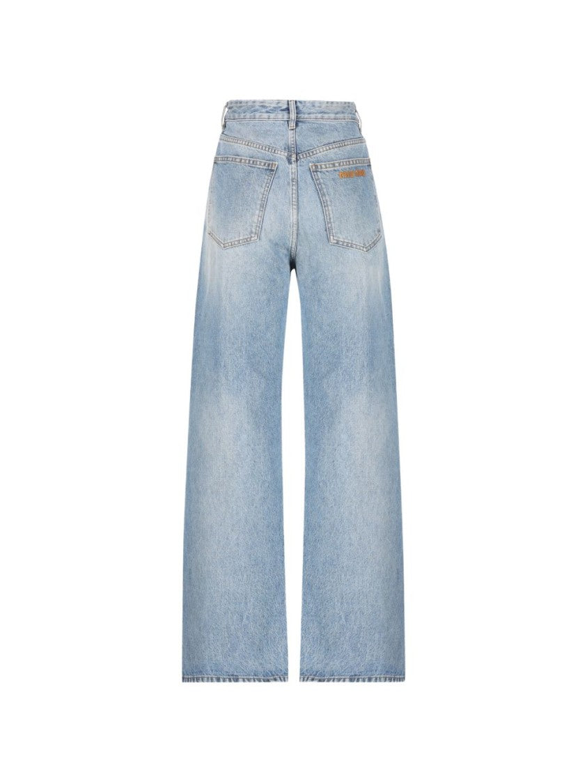 Miu Miu High-Rise Palazzo Jeans With Contrasting Stitching And Embroidered Logo