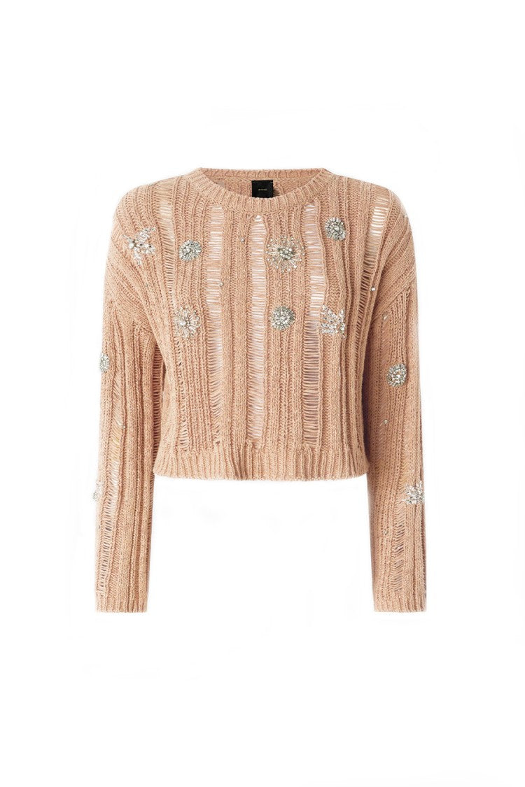 Pinko Pink Ladder-Stitch Sequin Flower Cotton-Blend Sweater