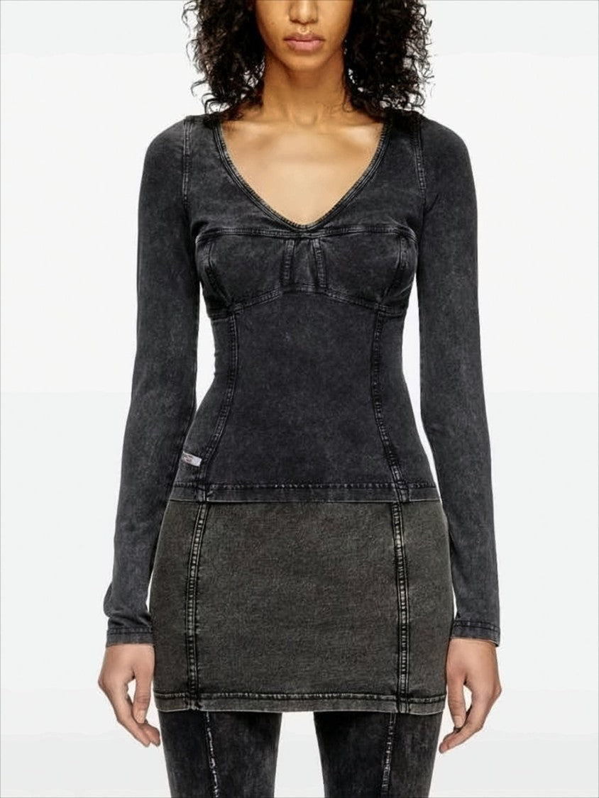 Diesel Deep V-Neck Fitted Long-Sleeve Top
