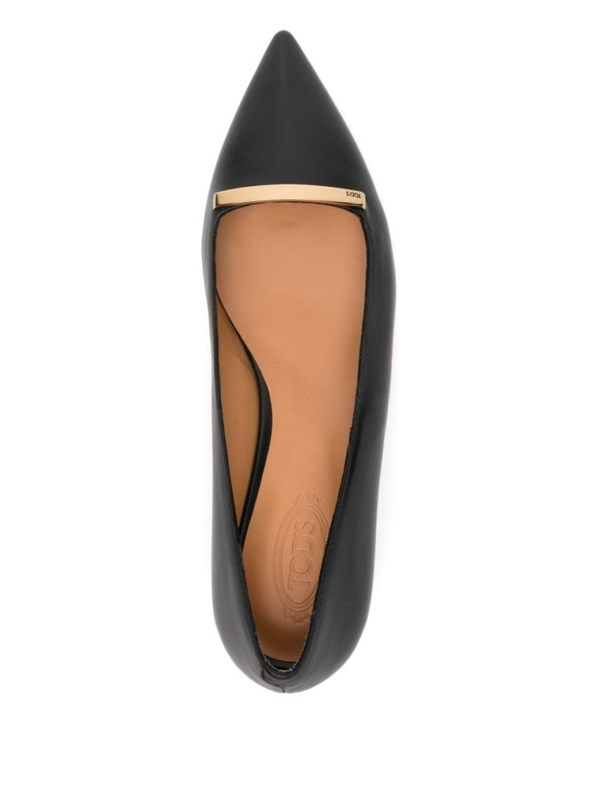 Tod's Black Gold Bar Pointed Kitten Heels