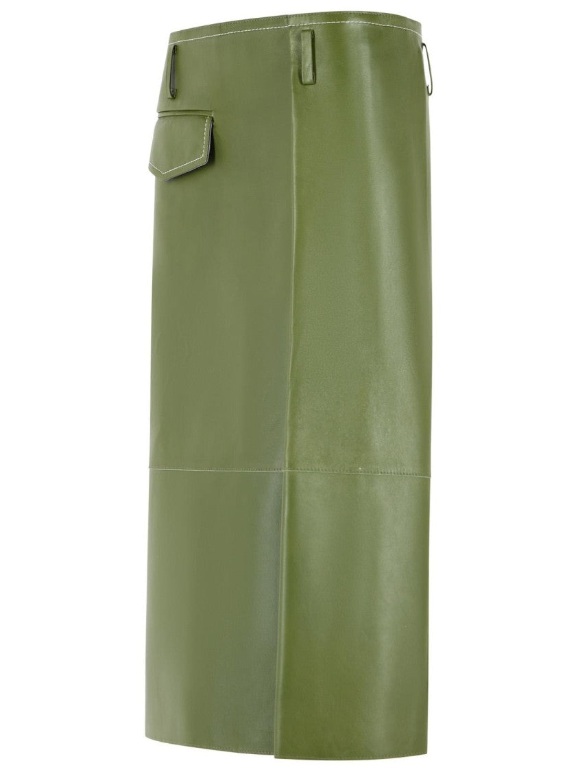 Marni Midi Skirt In Green Nappa Leather With Asymmetric Pocket