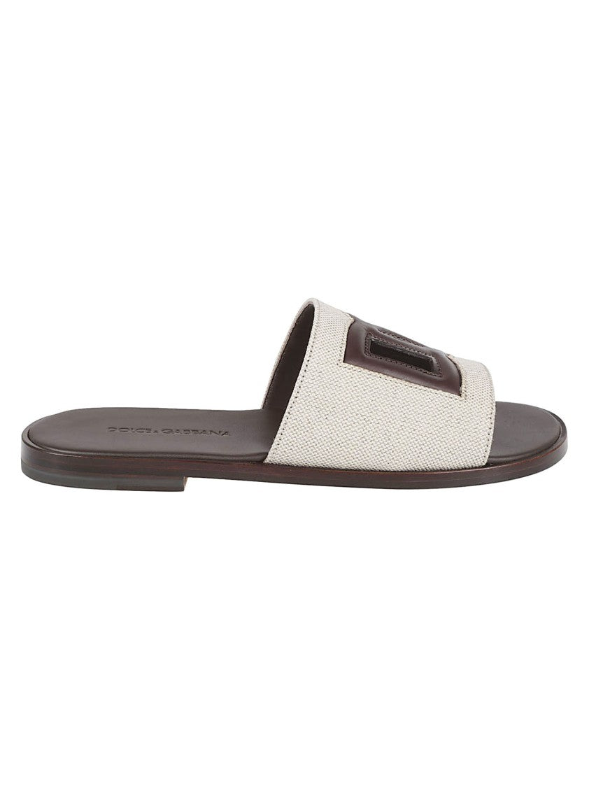 Dolce & Gabbana Textured Fabric Slide Sandals With Leather Emblem