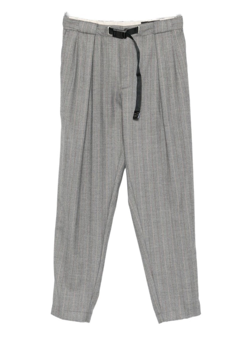 White Sand Cropped Grey Trousers With Pinstripe Pattern