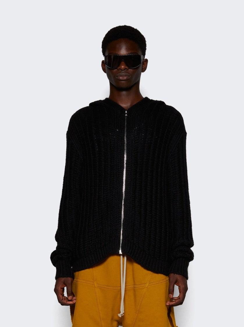 Rick Owens Textured Black Zipped Hoodie With Garter Stitch Detail