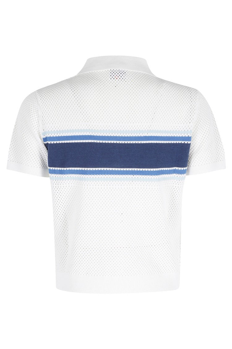 Casablanca White Mesh Stripe Zip-Collar Cotton Polo Shirt