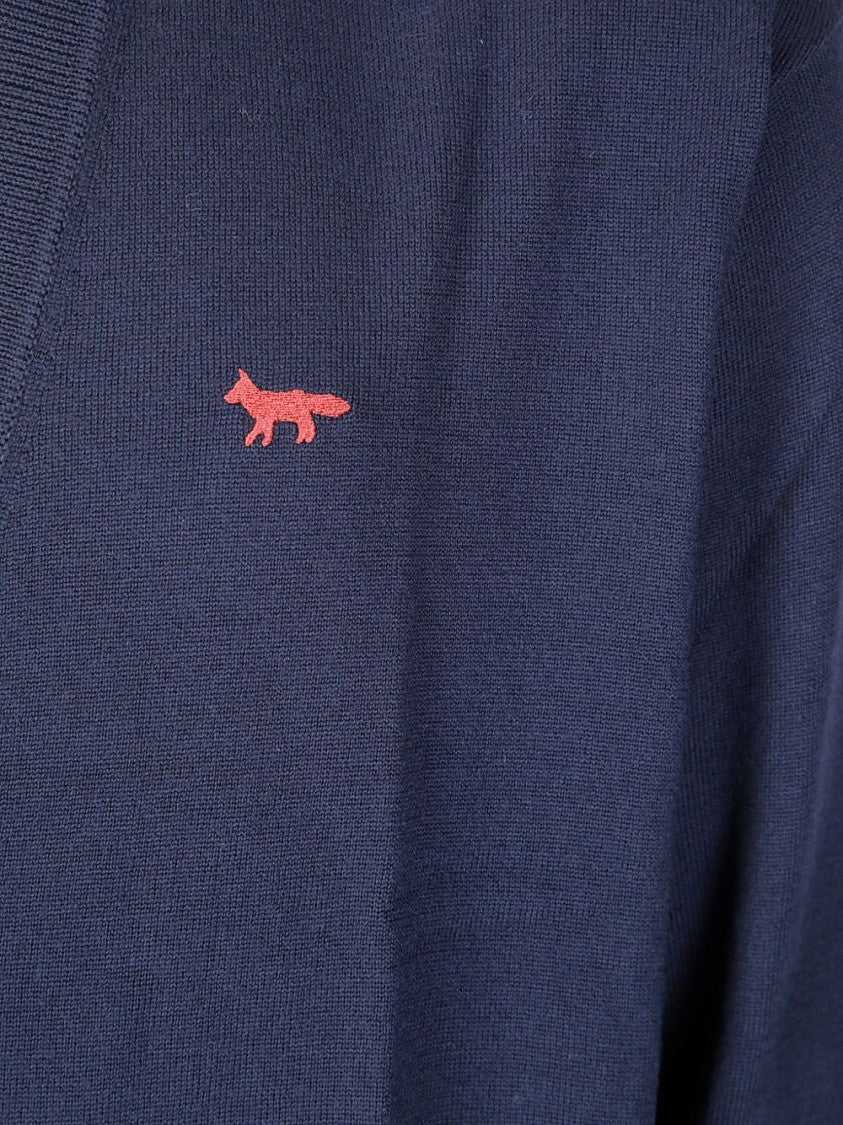 Maison Kitsuné Navy Blue V-Neck Embroidered Logo Wool Cardigan