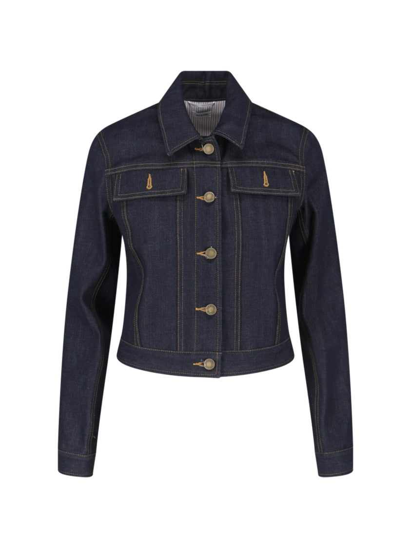 Thom Browne Blue Cropped Structured Denim Logo Jacket